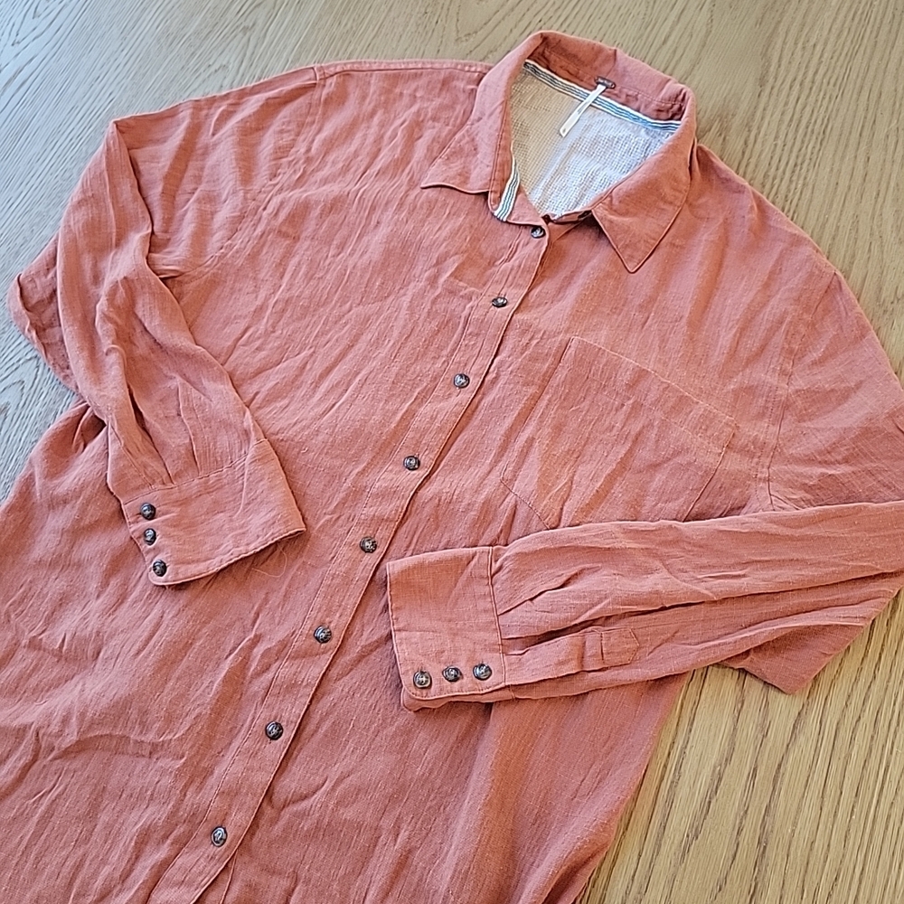 Free People Shirt Women's Large Orange Sheer Button Down Long Sleeve Boho Tunic